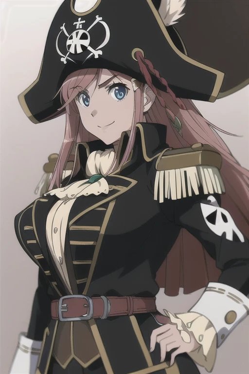 masterpiece, best quality, 1girl, detailed face and eyes, big breasts, Katou Marika, (black pirate costume), belt, (black cargo pants), (black pirate hat), facing the viewer, looking at the viewer, smile, closed mouth, (simple white background)