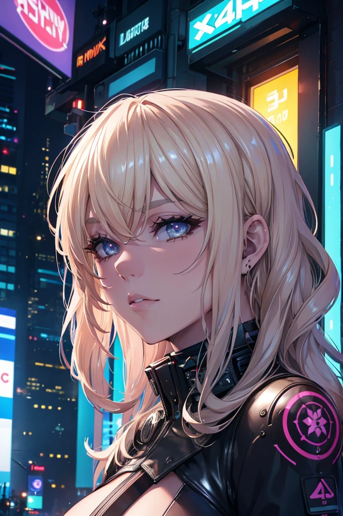 cyberpunk, latex, blonde hair, wavy  hair, silver eyes, s, girl, big breasts, (best quality,4k,8k,highres,masterpiece:1.2),ultra-detailed,(realistic,photorealistic,photo-realistic:1.37),intricate details, cinematic lighting, highly detailed face, extremely detailed eyes and face, beautiful detailed eyes, beautiful detailed lips, longeyelashes, dramatic pose, dynamic action, neon lights, futuristic city, advanced technology, glowing highlights, vivid colors