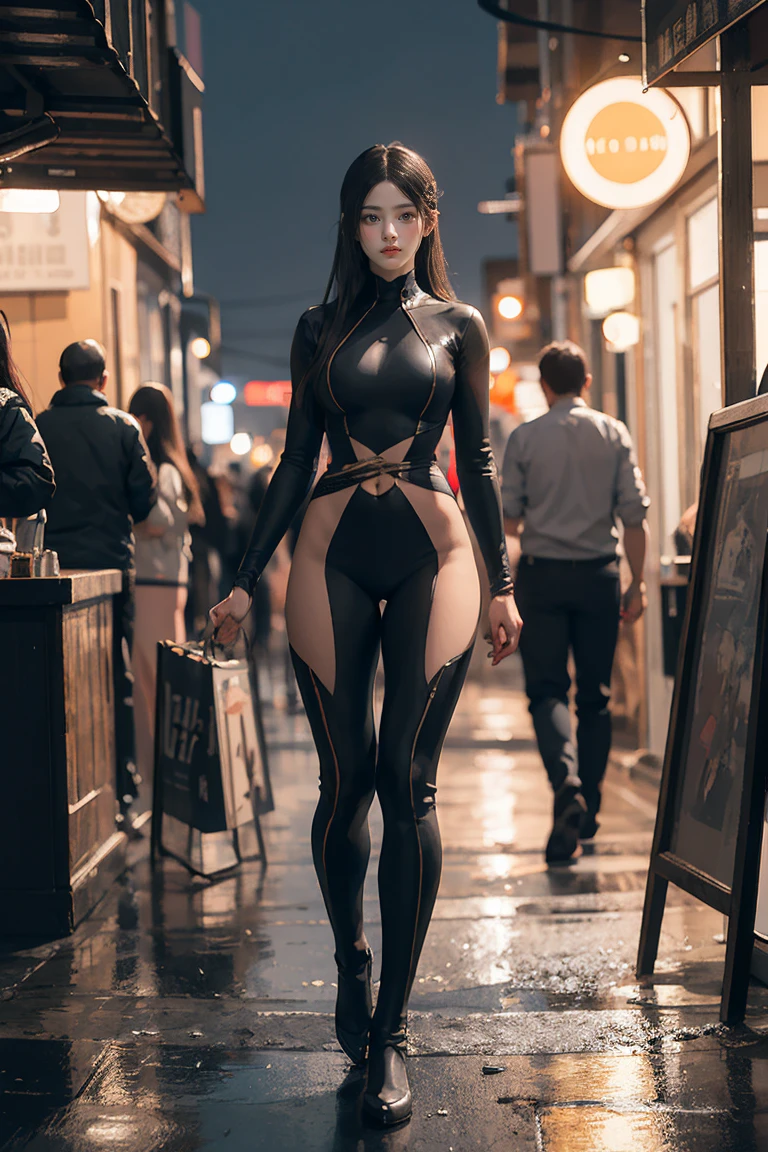 (((Browsing Caution:0.9)))，Large Breasts，Narrow waist，(Sexy Body)，Rainy night,city,A beautiful woman with gal makeup wearing a sports suit in the downtown area of Gintama, Surrounded by sellers, Beautiful portrait of a stunning goddess girl, Beautifully detailed face, Porcelain-like skin, Full Body Shot, Centered, Very soft lighting, Symmetric, complicated, elegant, Very detailed, Realistic, Art Station, Concept Art, Smooth, Created by Greg Rutkowski and Boris Vallejo, cover, trendy style