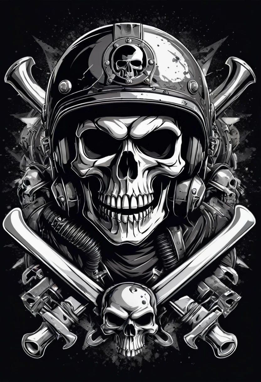 T-shirt design, skull in helmet with crossed wrenches and crossed bones, vector art by artist, shutterstock, fine art, biker, skull helmet, heavy metal art style, skull in broken space helmet, heavy metal tshirt design, skull and crossbones, mechanic, vector illustration, highly detailed illustration.”, highly detailed vector art, detailed vectorart, heavy metal