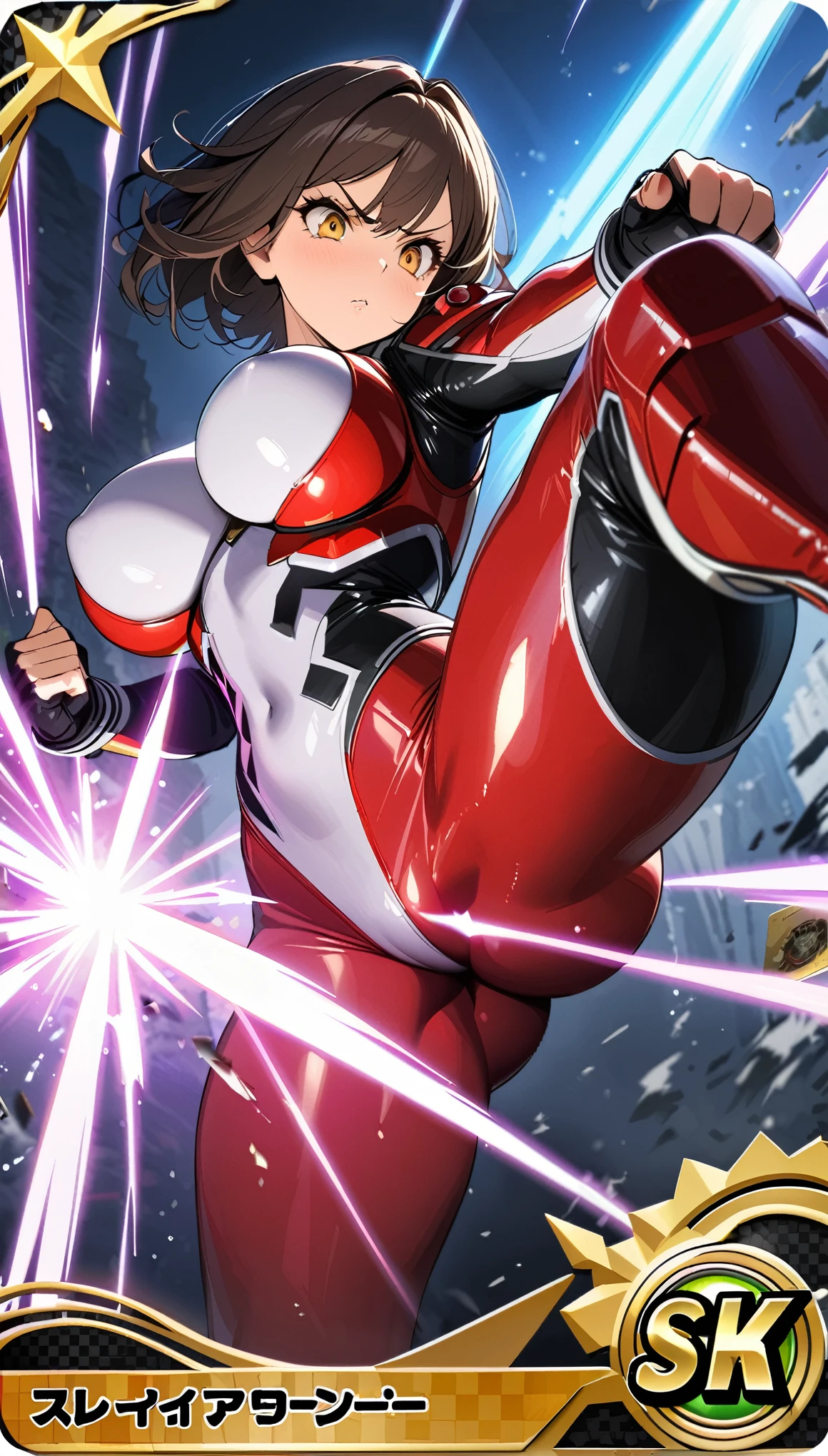 (masterpiece:1.2,Highest quality,Highest quality,High resolution,Very detailed),8k,1 female, female heroinle Kamen Rider,(dynamic fighting pose:1.5),(Dynamic hair movement:1.2),(short hair),(Shiny Kamen Rider Suit),(Glowing Skin,Big eyes,Droopy eyes,Long eyelashes,Beautiful thighs,Beautiful Hair,Beautiful Face,Beautiful Eyes,Beautiful body,Beautiful breasts,Beaueet,Beautiful fingers),((hands)),((Rider Kick:1.5)),(Serious),(The background is Prism Flash),((Beautiful trading cards,Gold Card)),((kamanrider))