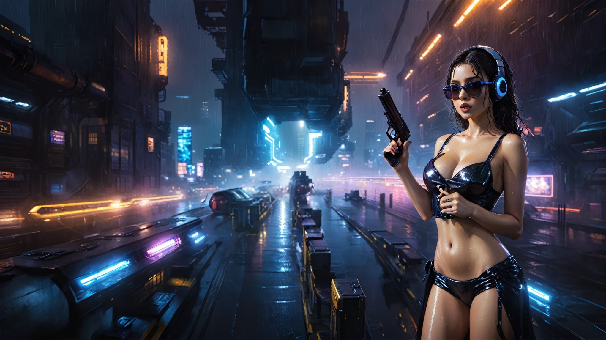(((aerial view))), (flying cars docking platform), Blade Runner style futuristic railway platform, neon lights, rainy night. (1girl, solo, alone), large-breast:1.2 slim body, cleavage:1.1, sexy wind blowing wet dress:1.4, headphone, (black sunglasses), (((she raised a pistol:1.8 and shot:1.8 the viewer))), dynamic pose, (((half-body thigh level medium shot))), cinematic lighting, lens flare, ray tracing, zoom-in blurred:1.4 background.