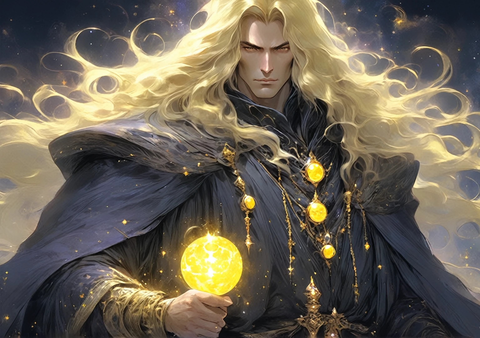 a man, mage, yellow long hair, dark fantasy, detailed yellow and black cosmic robe, cosmic staff