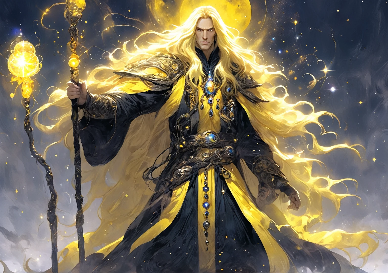 a man, mage, yellow long hair, dark fantasy, detailed yellow and black cosmic robe, cosmic staff