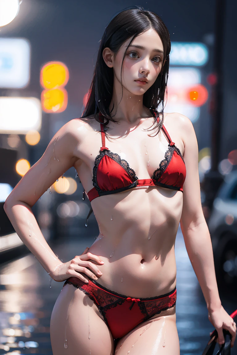 (8k, RAW photograph, Highest quality, masterpiece: 1.2), (Realistic, photographRealistic: 1.37), 1 girl, Japan, 28 years old, woman, rain, Cityscape, night, street, Blurred Background, (Real person, photograph), whole body, Detailed face, Detailed lips, Detailed eyes, More skin, double eyelid, Dark brown hair, (大きなchest: 1.0), (Red underwear)), Small areola: 1.4, ( pubic hairの形がはっきり見える), pubic hair, (Wet bare skin: 1.3), 革ジャケットの前を開けてchestの谷間を強調する, Perfect body, chest, Sexy pose, Sexy Appearance, Dynamic pose, Cowboy Shot, Make eye contact with the camera