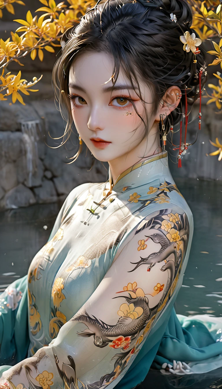Chinese Beauty, Charming temperament, floating long dress, Clear face, beautiful eyes, Around osmanthus flowers, A masterpiece of perfect body structure proportions, Very detailed, Epic creation, Color Tattoo Art, Neo-Traditional Tattoo Art, SD tattoo design, Color Tattoo Art, mystery、enthusiasm、Friendly atmosphere, Surrealism, Ultra HD, high quality, best quality, 32K --v 6