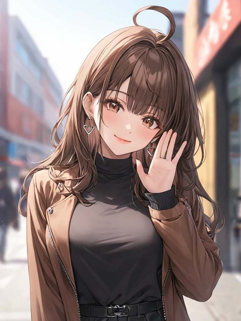 ((masterpiece, best quality)), very aesthetic, absurdres, One girl, Ahoge, bangs, black skirt, black sweater, Blurred, Blurred background, chest, Brown eyes, Brown Hair, brown Jacket, Mouth closed, Day, Depth of written boundary, Earrings, eyelash, Raise your hand, Tilt your head, Jacket, jewelry, Long Hair, Long sleeve, View Viewer, medium chest, Manicure, Open clothes, open Jacket, Outdoor, Pursed lips, Tucked in shirt, Side Lock, skirt, Sleeves are longer than the wrist, alone, sweater, Upper Body, zipper, smile,