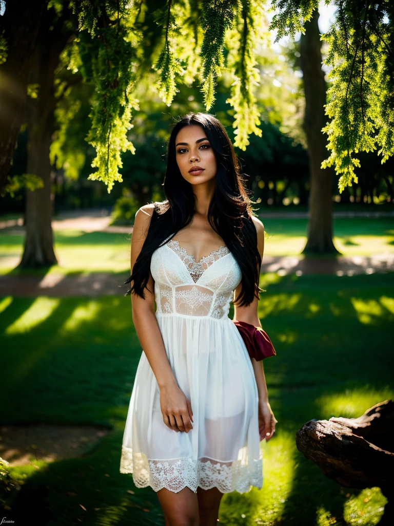 a beautiful detailed portrait of a young woman with long black hair, wearing a white dress, standing in a park, photorealistic, ultra-detailed, hyperrealistic, 8k, highly detailed face, striking eyes, full lips, porcelain skin, cinematic lighting, vivid colors, dramatic shadows, intricate details, delicate features, elegant pose, serene expression, lush greenery in the background, dappled sunlight, atmospheric, moody, captivating