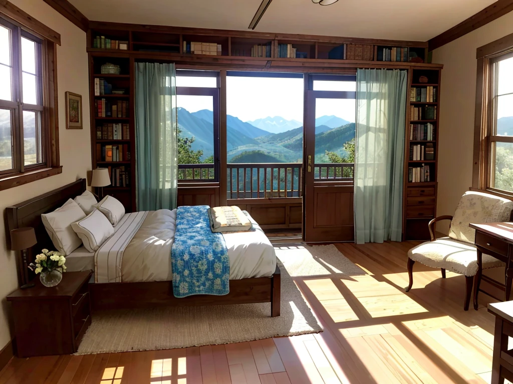 8K picture quality,Best quality,masterpiece,HD,Super rich detail,detailed,Comfortable bedroom,Large Windows,Floor-to-ceiling windows,big bed,There are pillows on the bed,Quilt,Essas roupas,notebook,There is a cabinet next to it,There are bookcases,There is a table,There are chairs,There are flowers,There is a wardrobe,With light,There are carpets,There are many books,Overall very comfortable,extremely clean,very useful,Large Windows,The scenery outside the window,There are mountains, water and forests,There are various other flowers,and vegetable garden,There are a variety of vegetables inside,超HD真实感,Live photos,Strong realism