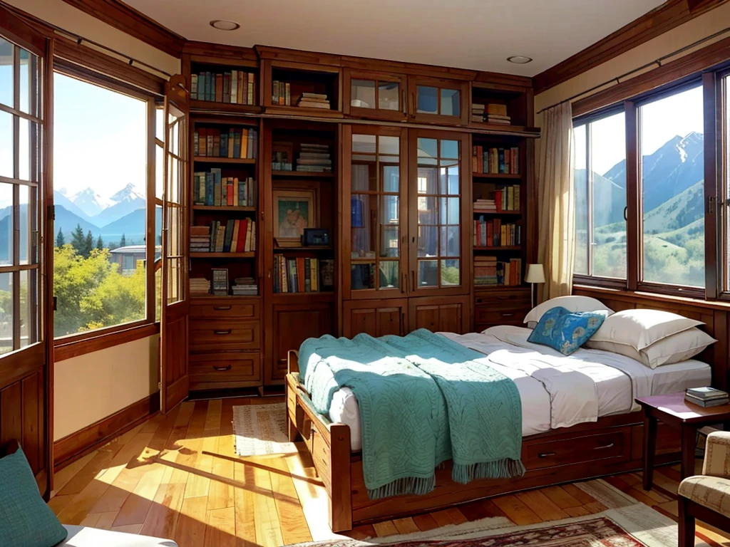 8K picture quality，Best quality，masterpiece，HD，Super rich detail，detailed，Comfortable bedroom，Large Windows，Floor-to-ceiling windows，big bed，There are pillows on the bed，Quilt，Essas roupas，notebook，There is a cabinet next to it，There are bookcases，There is a table，There are chairs，There are flowers，There is a wardrobe，With light，There are carpets，There are many books，Overall very comfortable，extremely clean，very useful，Large Windows，The scenery outside the window，There are mountains, water and forests，There are various other flowers，and vegetable garden，There are a variety of vegetables inside，超HD真实感，Live photos，Strong realism