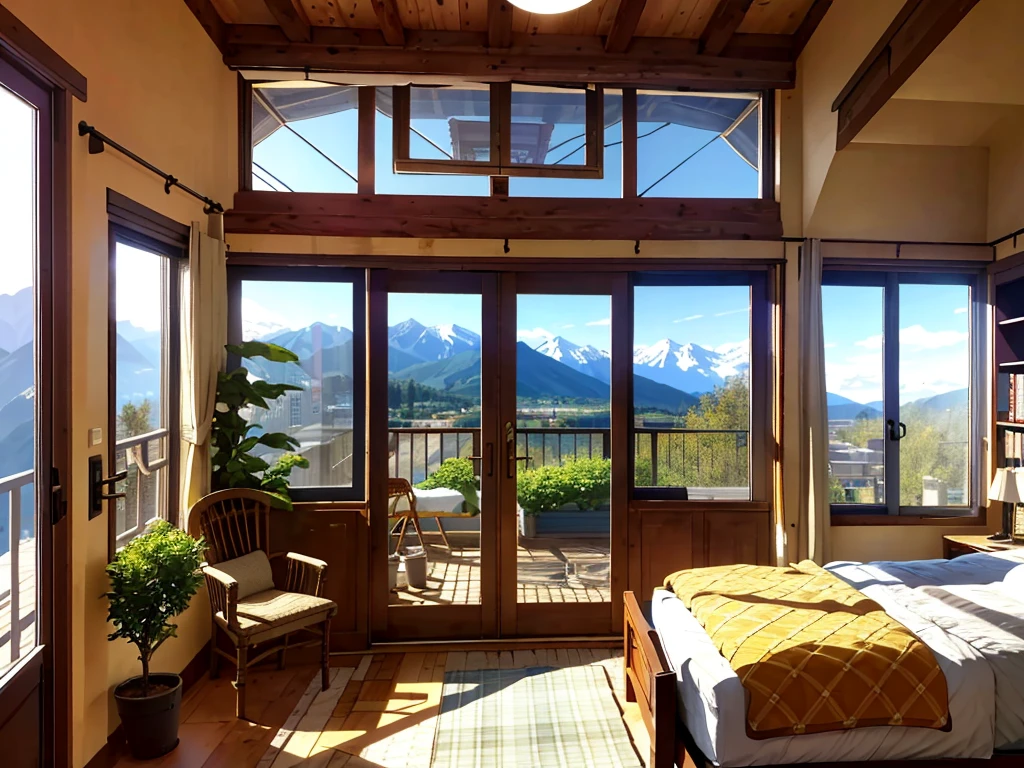 8K picture quality,Best quality,masterpiece,HD,Super rich detail,detailed,Comfortable bedroom,Large Windows,Floor-to-ceiling windows,big bed,There are pillows on the bed,Quilt,Essas roupas,notebook,There is a cabinet next to it,There are bookcases,There is a table,There are chairs,There are flowers,There is a wardrobe,With light,There are carpets,There are many books,Overall very comfortable,extremely clean,very useful,Large Windows,The scenery outside the window,There are mountains, water and forests,There are various other flowers,and vegetable garden,There are a variety of vegetables inside,超HD真实感,Live photos,Strong realism