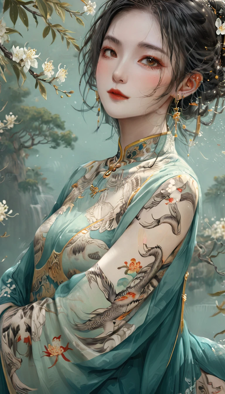 Chinese Beauty, Charming temperament, floating long dress, Clear face, beautiful eyes, Around osmanthus flowers, A masterpiece of perfect body structure proportions, Very detailed, Epic creation, Color Tattoo Art, Neo-Traditional Tattoo Art, SD tattoo design, Color Tattoo Art, mystery、enthusiasm、Friendly atmosphere, Surrealism, Ultra HD, high quality, best quality, 32K --v 6