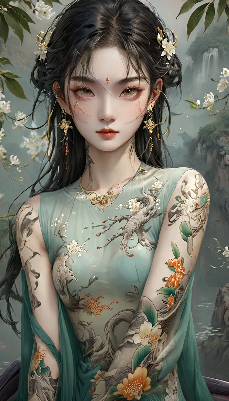 Chinese Beauty, Charming temperament, floating long dress, Clear face, beautiful eyes, Around osmanthus flowers, A masterpiece of perfect body structure proportions, Very detailed, Epic creation, Color Tattoo Art, Neo-Traditional Tattoo Art, SD tattoo design, Color Tattoo Art, mystery、enthusiasm、Friendly atmosphere, Surrealism, Ultra HD, high quality, best quality, 32K --v 6