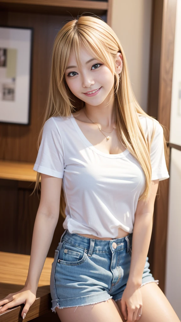 Tabletop, Highest quality, shape, Very detailed, In detail, High resolution, 8k wallpaper,sexyビッグ 、sexyでキュートな表情の21歳の可愛い女の子, 美しくsexyな顔、キュートでsexyな目、Blonde Hair、sexy、Shorts、T-Shirts、Very long hair, smile、