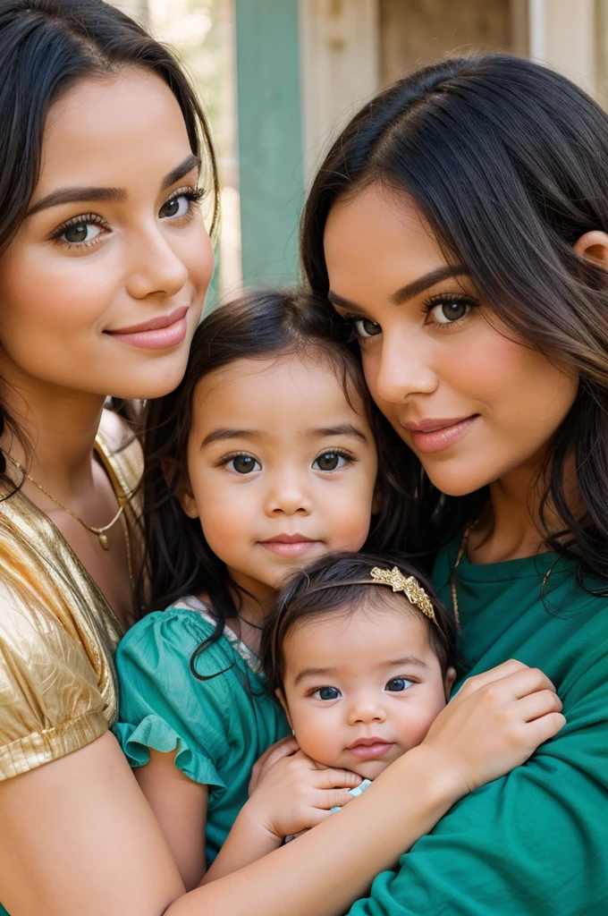 A close-up of a few cute family and baby in gold, emerald green and turquoise