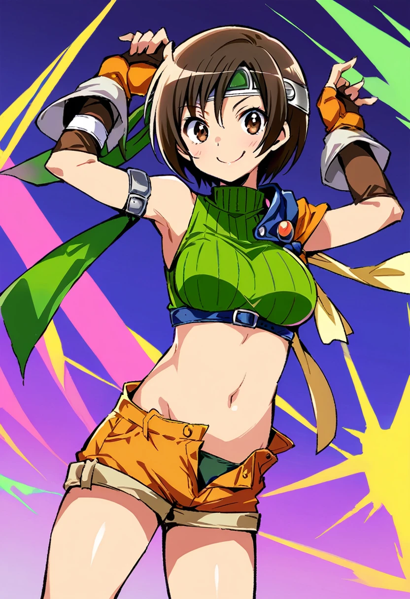 score_9, score_8_up, score_7_up,,BREAK , top angle:1.2.,mediumshot,(Standing pose),soro focus,1girl, yuffie kisaragi, final fantasy, short hair,headband,navel,sleeveless,turtleneck,brown eyes,sleeveless turtleneck,solo,breasts,looking at viewer,smile,gloves,crop top,brown hair,shorts,midriff,,sweater,open fly,armor,fingerless gloves,ribbed sweater,medium breasts,,smile,smug,best quality,aesthetic,very aesthetic,masterpiece,high-resolution, (Proportion).arms up,