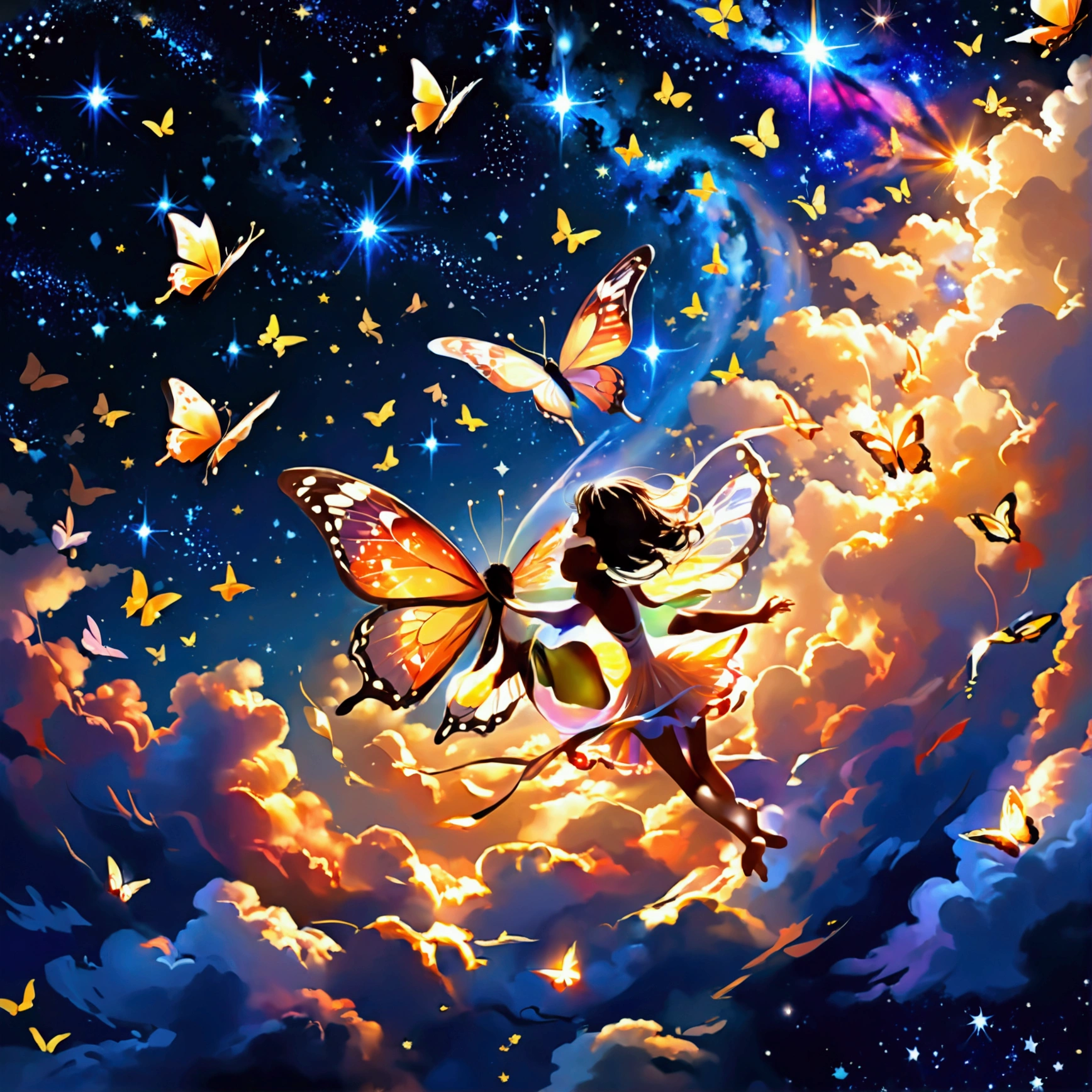 in a serene, The sound of my heart echoes. your dreams are like butterflies dancing in the night sky. This scene expresses a quiet and mysterious atmosphere., where is the software, In a serene, the beating of the heart. Above, many delicate, A graceful butterfly dancing gracefully against the starry sky. butterflies, Shine gently, Expressing the dream of flying into the vast universe. This enchanting image symbolizes the beauty of dreams and aspirations, Soar freely in the stillness of the night.