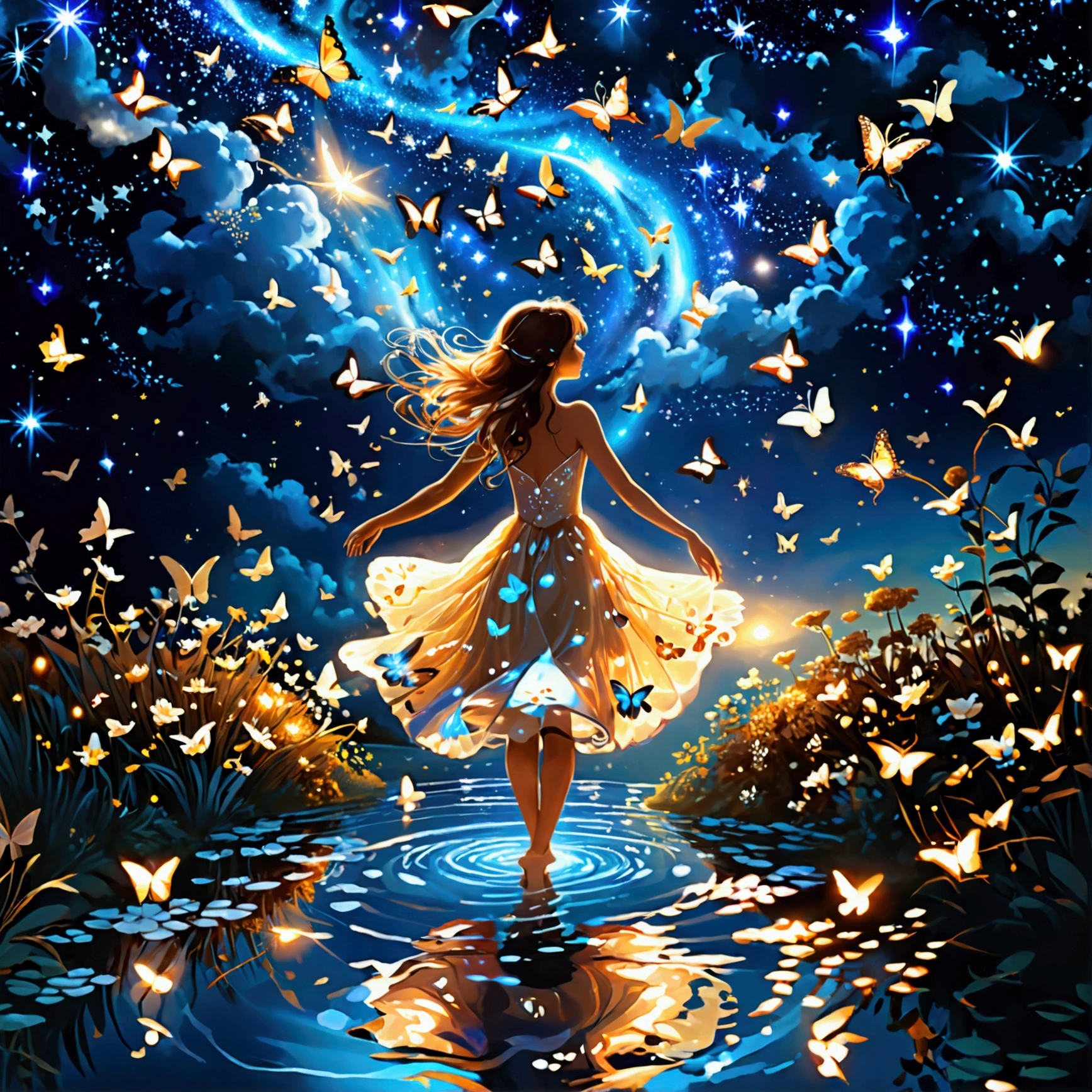 in a serene, The sound of my heart echoes. your dreams are like butterflies dancing in the night sky. This scene expresses a quiet and mysterious atmosphere., where is the software, In a serene, the beating of the heart. Above, many delicate, A graceful butterfly dancing gracefully against the starry sky. butterflies, Shine gently, Expressing the dream of flying into the vast universe. This enchanting image symbolizes the beauty of dreams and aspirations, Soar freely in the stillness of the night.