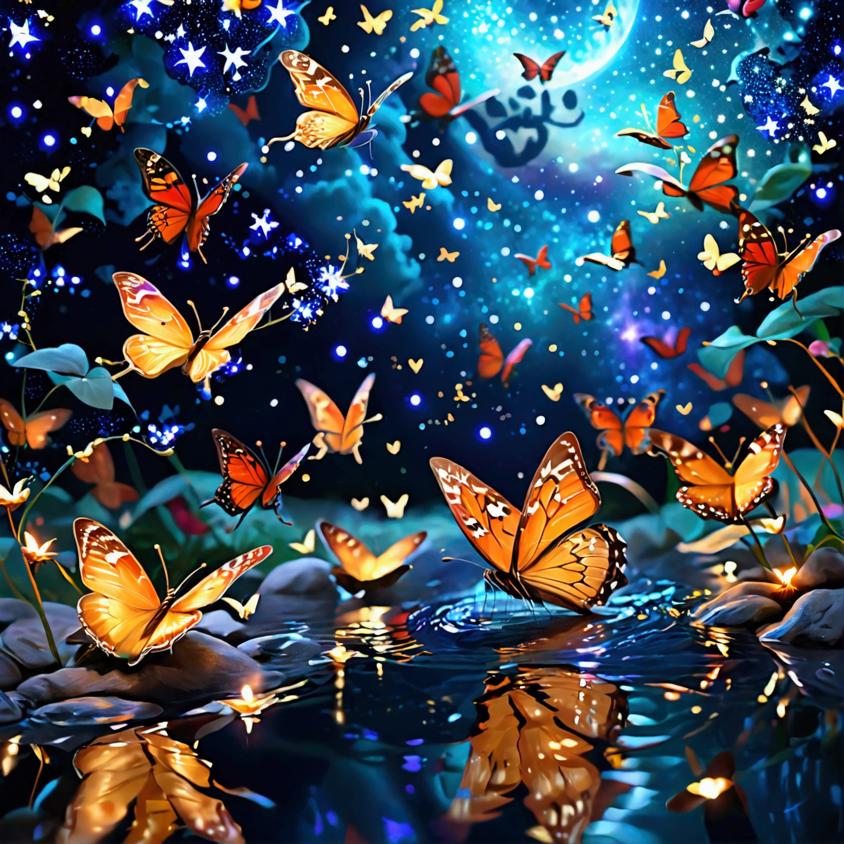 in a serene, The sound of my heart echoes. your dreams are like butterflies dancing in the night sky. This scene expresses a quiet and mysterious atmosphere., where is the software, In a serene, the beating of the heart. Above, many delicate, A graceful butterfly dancing gracefully against the starry sky. butterflies, Shine gently, Expressing the dream of flying into the vast universe. This enchanting image symbolizes the beauty of dreams and aspirations, Soar freely in the stillness of the night.