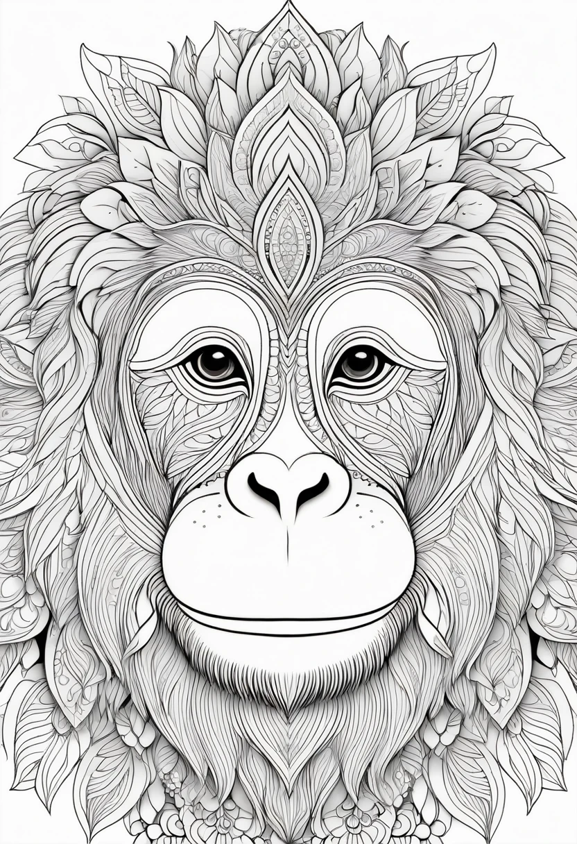 A striking black and white line art coloring page designed for adults with white background, featuring a majestic Orangutan in a mandala-inspired style. The Orangutan is adorned with intricate patterns that include floral and geometric designs, making it an engaging and detailed work of art. The illustration focuses on crisp, clean lines and bold outlines, without any shading or color, allowing the user to bring their own vibrancy to the piece. The minimalistic design, with its thick lines and absence of background details, creates a soothing coloring experience for adults seeking calming and creative activities. illustration