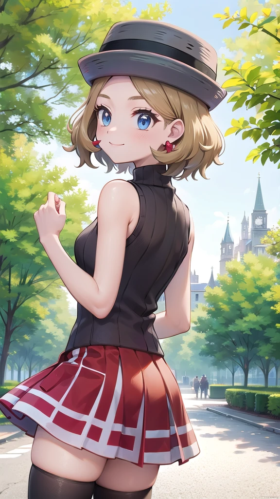 Masterpiece, perfect lighting, (beautiful, Best quality: 1.3), Perfect eyes, perfect anatomy, absurd, 8k, ccserena, solo, short hair, smile, in loved, (gray hats: 1.2), earrings, eyelashes, blue eyes, gray sweater, vest , sleeveless turtleneck, bare arms, plaid skirt, red skirt, thigh highs, black stockings, from behind, in the park at day