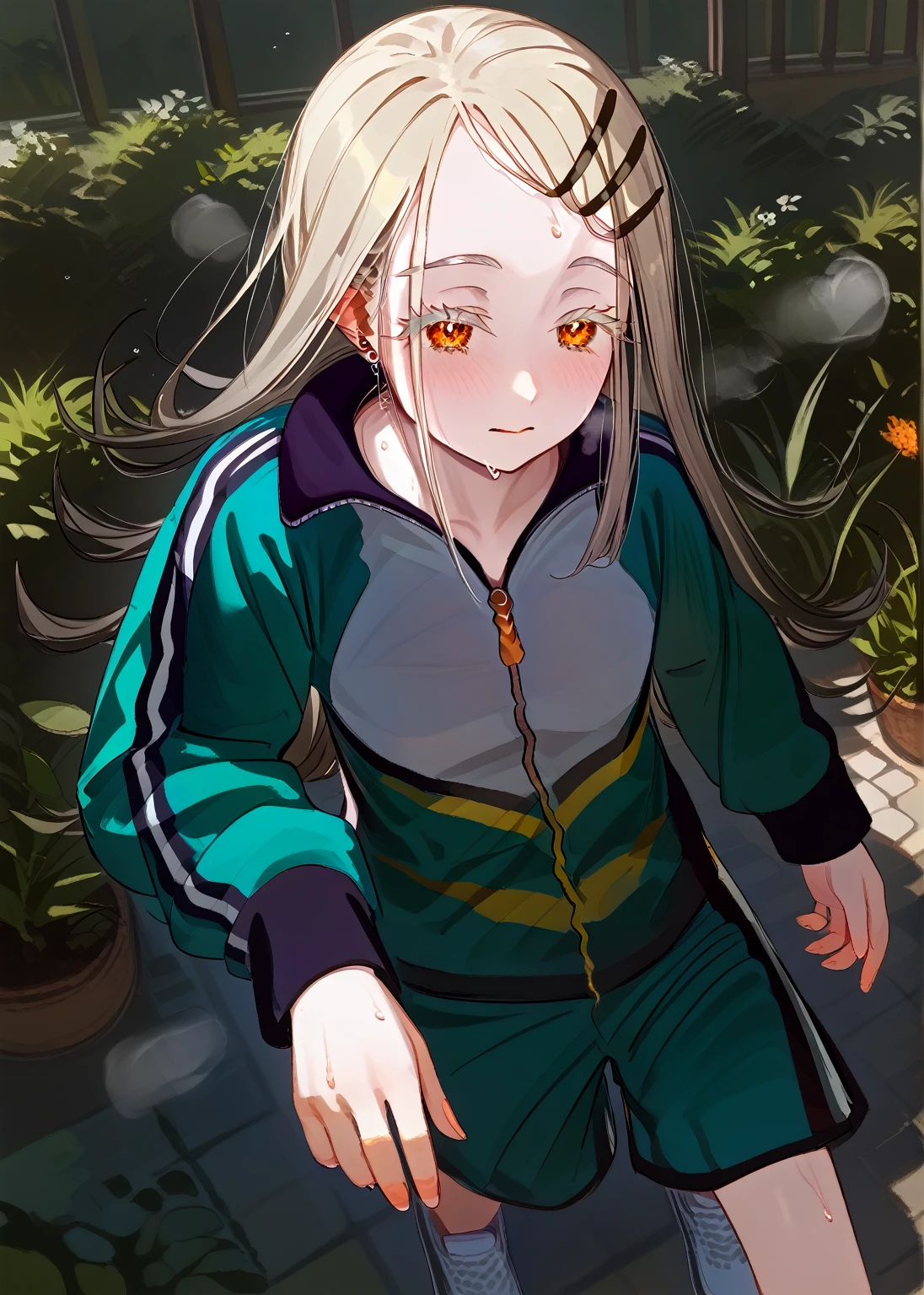 shinosawa hiro,thin,Orange eyes,White eyelashes,Blonde,Long Hair,Hair Clip,Track jacket,Blue shorts,White sneakers,
Sweating on the head, Heavy breathing, Head Focus, Transparent sneakers, Open shirt,garden,{{wonderful}}, Highest quality, Ultra-detailed CG Unity 8k Wallpaper, Beautiful details