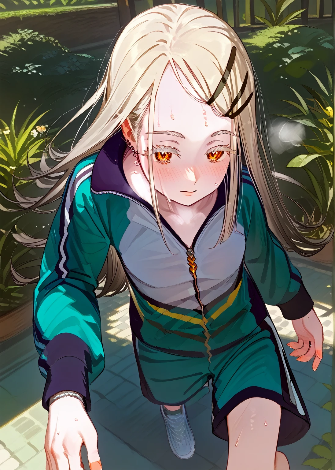 shinosawa hiro,thin,Orange eyes,White eyelashes,Blonde,Long Hair,Hair Clip,Track jacket,Blue shorts,White sneakers,
Sweating on the head, Heavy breathing, Head Focus, Transparent sneakers, Open shirt,garden,{{wonderful}}, Highest quality, Ultra-detailed CG Unity 8k Wallpaper, Beautiful details