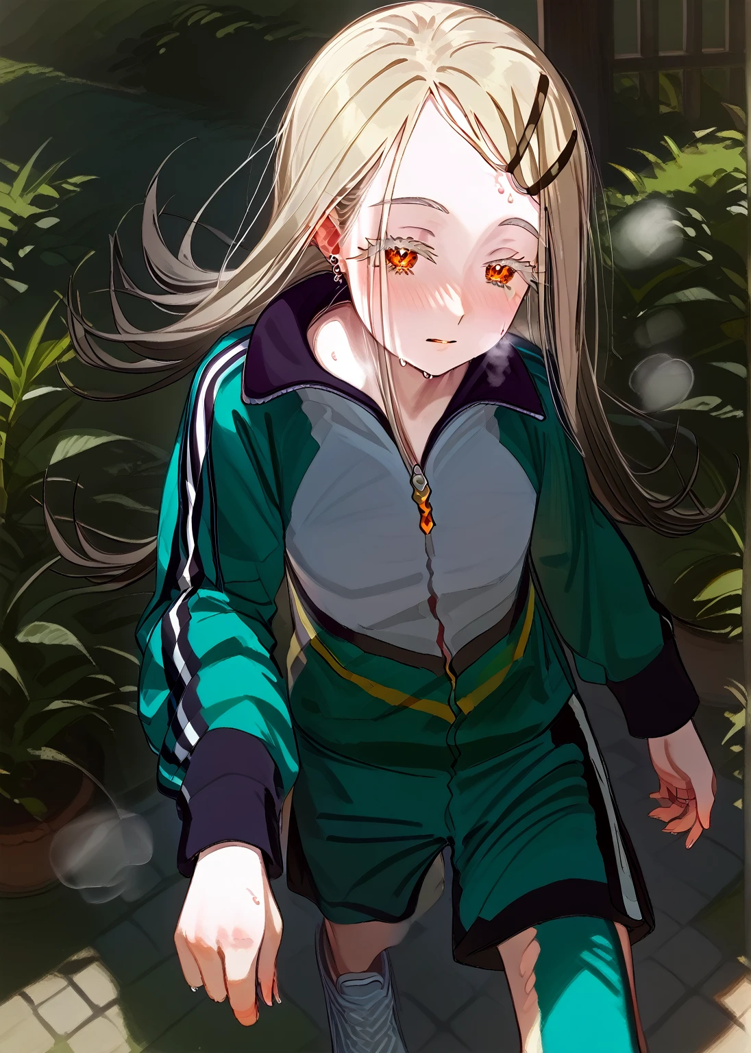 shinosawa hiro,thin,Orange eyes,White eyelashes,Blonde,Long Hair,Hair Clip,Track jacket,Blue shorts,White sneakers,
Sweating on the head, Heavy breathing, Head Focus, Transparent sneakers, Open shirt,garden,{{wonderful}}, Highest quality, Ultra-detailed CG Unity 8k Wallpaper, Beautiful details