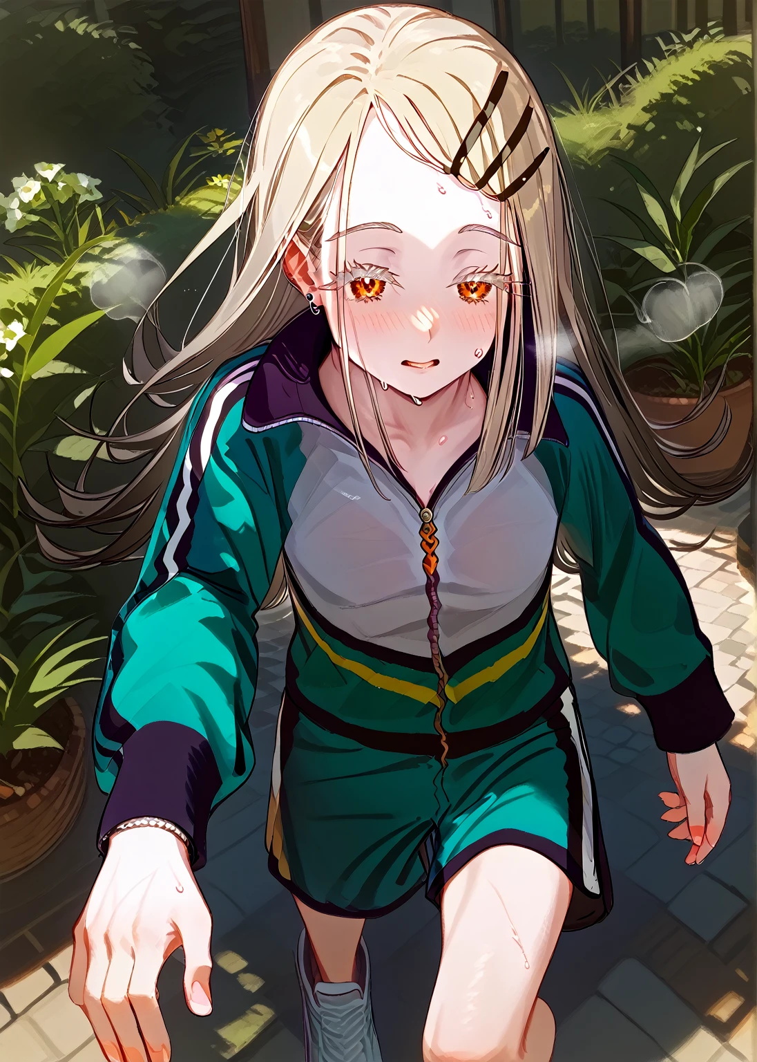 shinosawa hiro,thin,Orange eyes,White eyelashes,Blonde,Long Hair,Hair Clip,Track jacket,Blue shorts,White sneakers,
Sweating on the head, Heavy breathing, Head Focus, Transparent sneakers, Open shirt,garden,{{wonderful}}, Highest quality, Ultra-detailed CG Unity 8k Wallpaper, Beautiful details