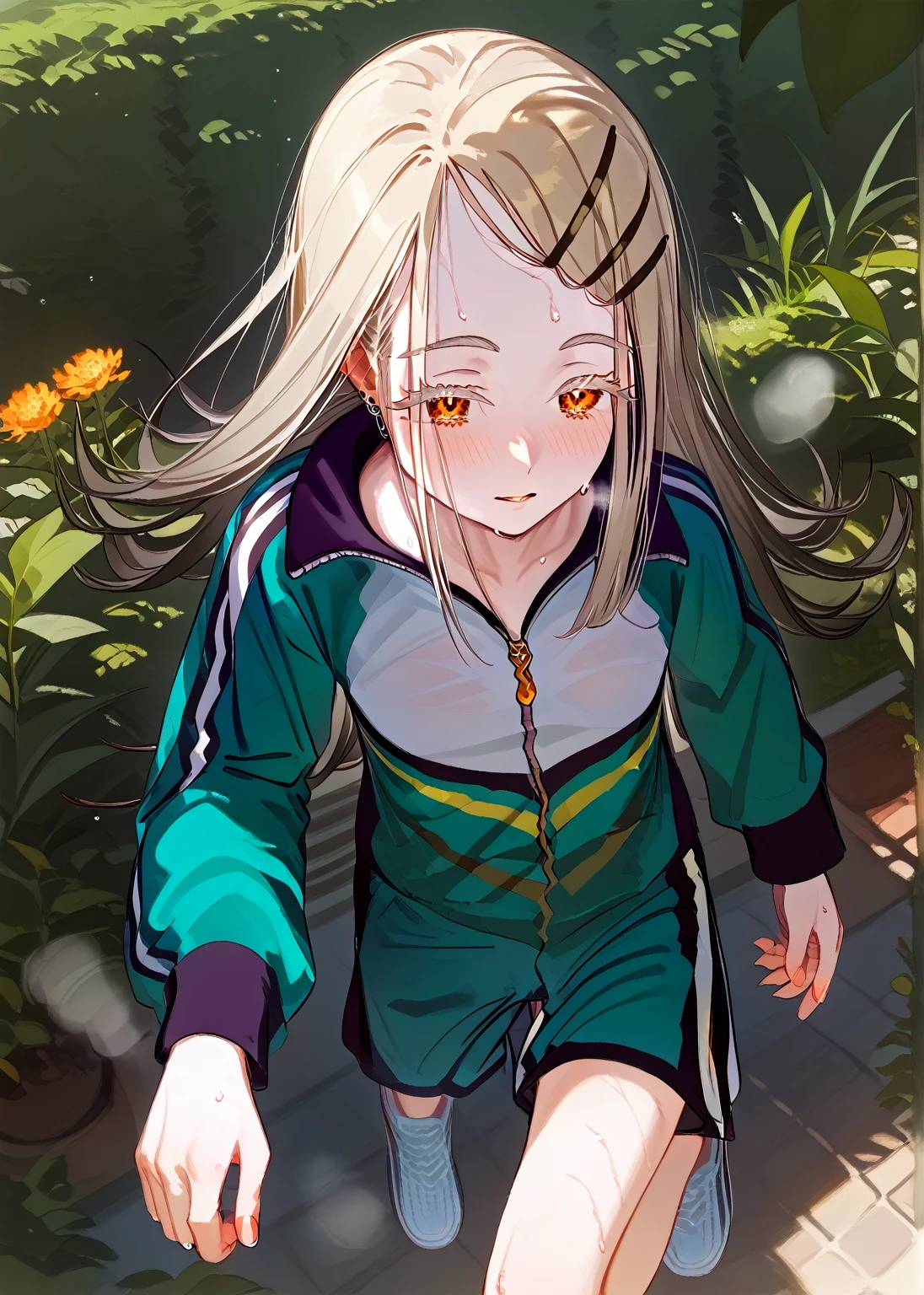 shinosawa hiro,thin,Orange eyes,White eyelashes,Blonde,Long Hair,Hair Clip,Track jacket,Blue shorts,White sneakers,
Sweating on the head, Heavy breathing, Head Focus, Transparent sneakers, Open shirt,garden,{{wonderful}}, Highest quality, Ultra-detailed CG Unity 8k Wallpaper, Beautiful details