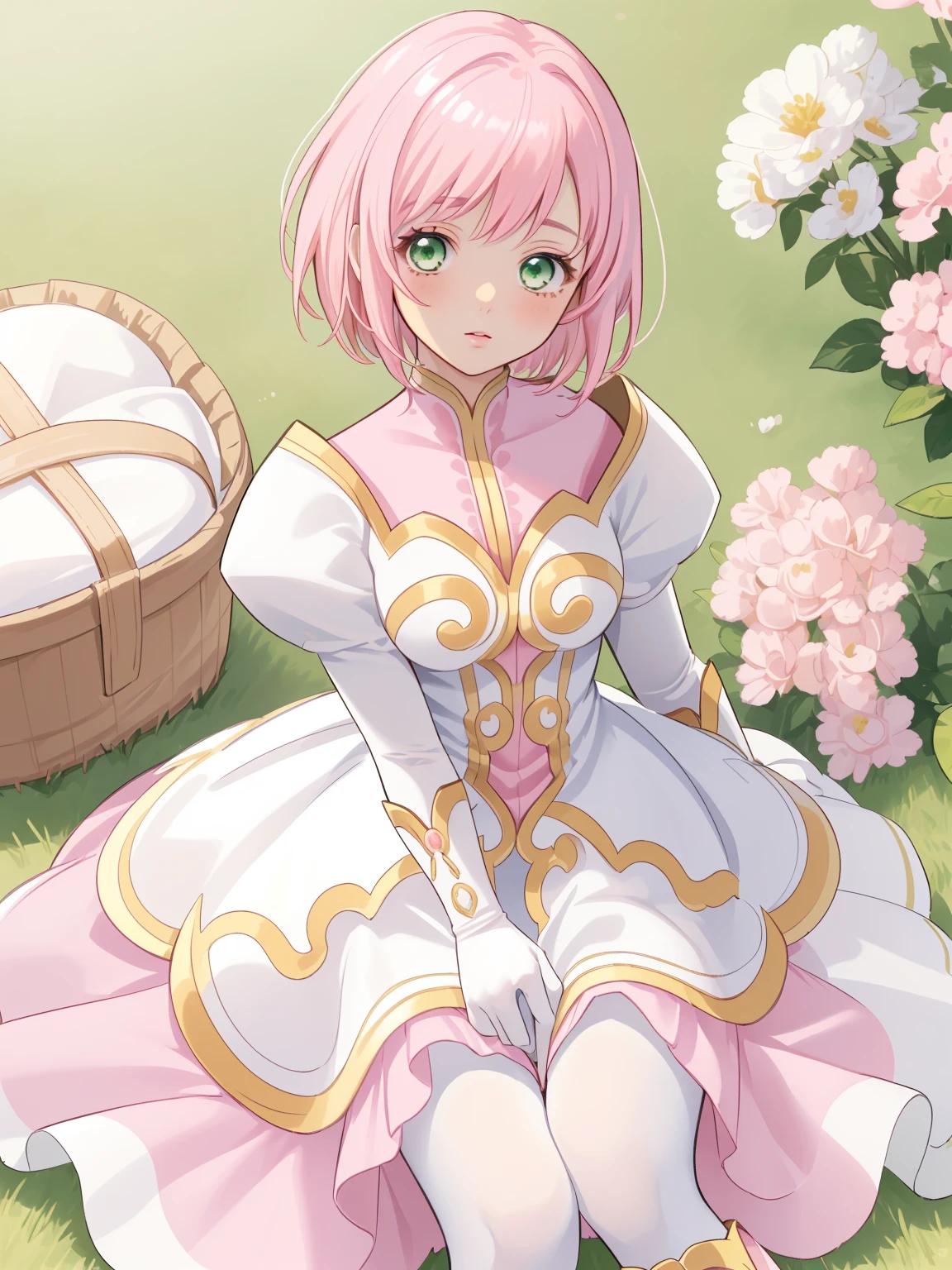 masterpiece, Highest quality, alone, One Girl,Estellise Sidos Heurassein, Pink Hair, short hair, Green Eyes, Small breasts, White and pink dress, Glamorous Dress, Pink collar, Pink Skirt, White boots, White gloves, (Black Pantyhose, Black legwear:1.1)whole body, Little:5, cute, (Beautifully detailed face), (Beautiful attention to detail), (Beautiful detailed hair)