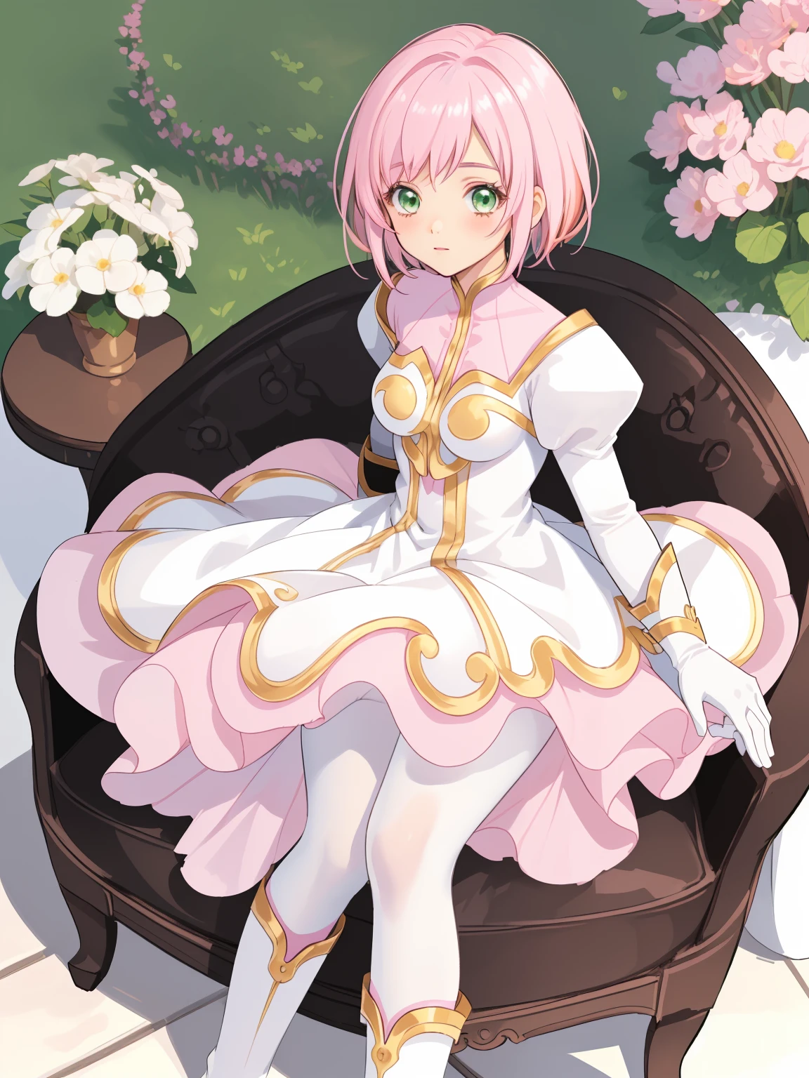 masterpiece, Highest quality, alone, One Girl,Estellise Sidos Heurassein, Pink Hair, short hair, Green Eyes, Small breasts, White and pink dress, Glamorous Dress, Pink collar, Pink Skirt, White boots, White gloves, (Black Pantyhose, Black legwear:1.1)whole body, Little:5, cute, (Beautifully detailed face), (Beautiful attention to detail), (Beautiful detailed hair)