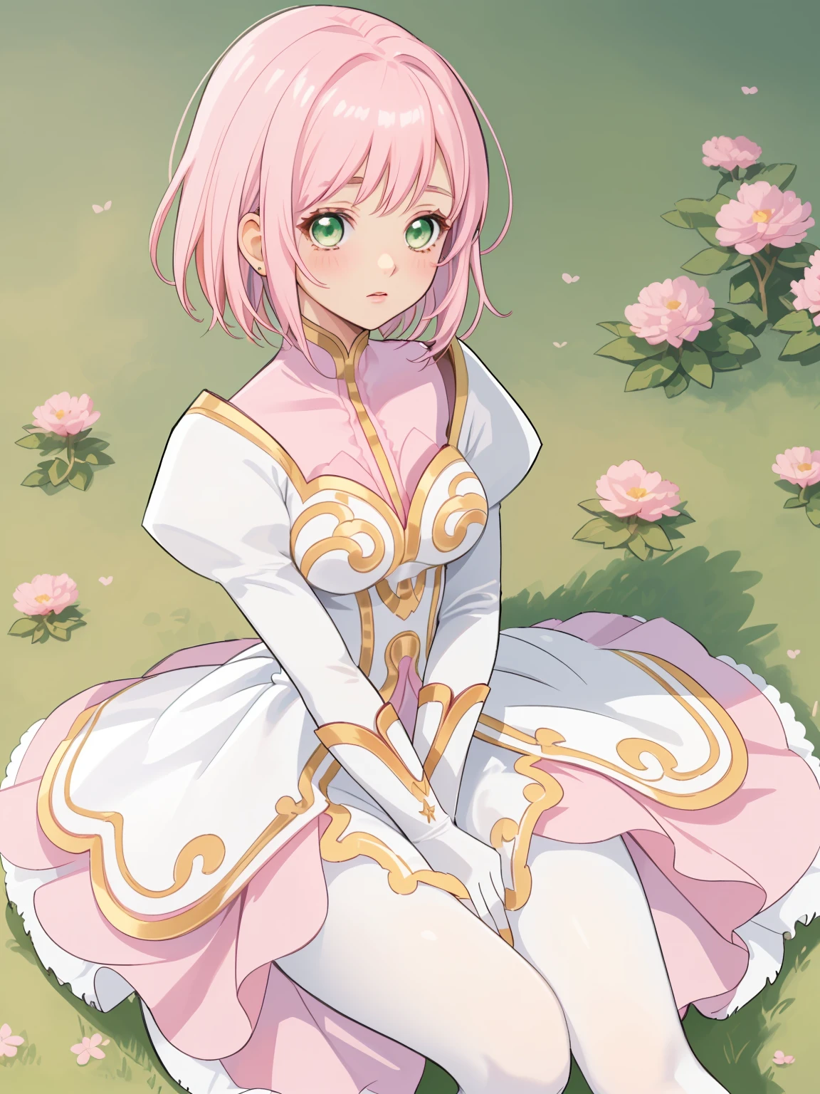 masterpiece, Highest quality, alone, One Girl,Estellise Sidos Heurassein, Pink Hair, short hair, Green Eyes, Small breasts, White and pink dress, Glamorous Dress, Pink collar, Pink Skirt, White boots, White gloves, (Black Pantyhose, Black legwear:1.1)whole body, Little:5, cute, (Beautifully detailed face), (Beautiful attention to detail), (Beautiful detailed hair)