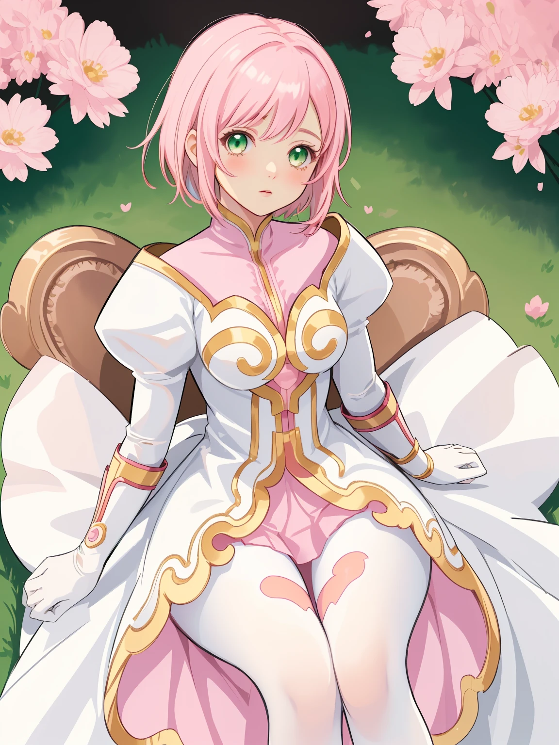 masterpiece, Highest quality, alone, One Girl,Estellise Sidos Heurassein, Pink Hair, short hair, Green Eyes, Small breasts, White and pink dress, Glamorous Dress, Pink collar, Pink Skirt, White boots, White gloves, (Black Pantyhose, Black legwear:1.1)whole body, Little:5, cute, (Beautifully detailed face), (Beautiful attention to detail), (Beautiful detailed hair)