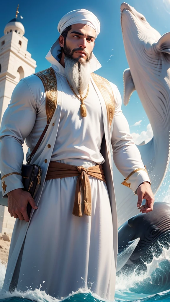 Image of Jonash, a prophet. A man with arabic white clothes. In front of a whale