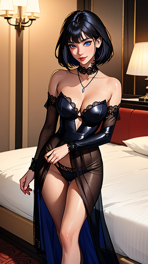 (1girl) ,( dimly lit:1.5, in the gorgeous hotel room on the 50th floor, night view:1.5 ), (Full body), (standing, sexy posture ) ,(fair skin) , (shiny fabrics, black, elegant sexy panties, side string panties ),(office staff, White shirt formal, open the chest ),Sexy Girl, black elegant lingerie, (side-string panties),Sexy style, Sexy look, Sexy body, Seductive Woman, (wearing, pendant , diamond, elegant ), unparalleled masterpiece ever, ((Perfect appearance)), (cute small breasts, thin waist), Detailed realistic breasts, (Colossal tits), cleavage, (Beautiful skins), (slick skin), Detailed realistic hair, Detailed realistic hands, Detailed realistic arms, Perfect human body ratio, well-shaped navel, (Exposed outer chest:0.7), Super beautiful face:1.2, (apply make up, false eyelashes) ,((Beautiful eyes, blue eyes )), (detailed eyes), ((big eyes)), detailed eyes, (sleek pixie cuts:q.q, beautiful black hair) , (facial expression, happy , smile, to see mistress ), depth of fields, retinas, masterpiece, ((accurate)), Anatomically correct, best lighting,Textured skin, Super Detail, high details, High quality, award-winning, Best Quality, hight resolution, 1080p, hard disk, 4K, 8K, Sultry body with sexy belly, Gorgeous young Korean woman, Beautiful Asian Girl, beautiful Korean women, Sexy body, Korean Girl, gorgeous Chinese model, Beautiful young Korean woman, Sexy Girl, model with attractive body, smooth body, Beautiful Asian Woman, Sexy body and face, (Attractive body),