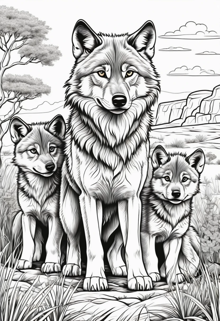 Coloring page for kids, Wolf with 3 wolf cubs in the grassy highlands of Africa with many bushes, cartoon style, linhas grossas