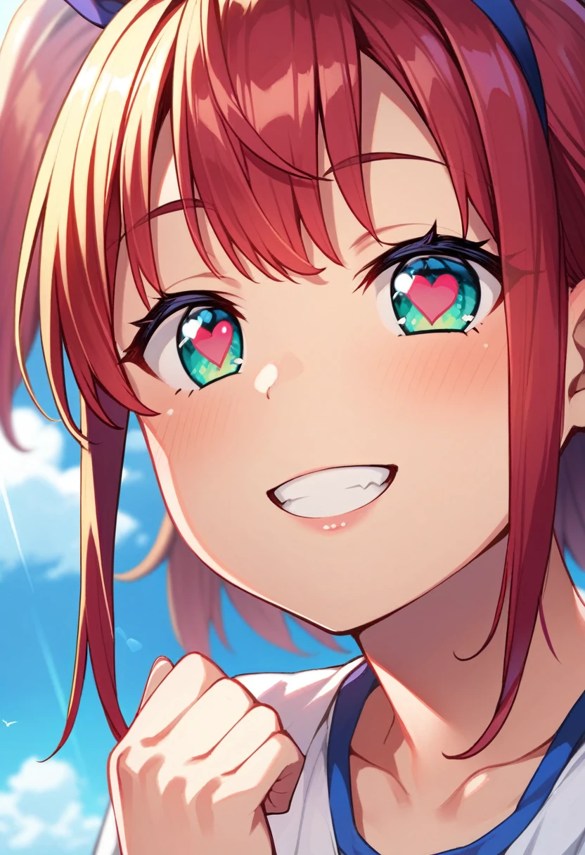 1girl, tiny girl, young girl, mesugaki, mesugaki smile, Teasing, naughty looks, heart eyes, A girl who puts her own Clenched fist to her own head:1.3, A girl tapping her own head, tidy, Focus on the girl, glossy skin, oily skin, Close-up of the face, Masterpiece:2, Top Quality, high Quality, Very Detailed, ultra High Resolution, super High Resolution, Beautiful Detail, Dynamic angles, perfect lighting, 8k, Animation Style, cartoon style, game cg, sfw,