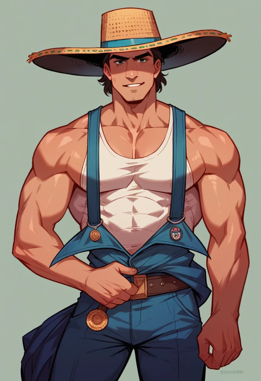Peruvian superhero, peruvian hat, sombrero Andean, reed horse, Andean, mechanic, Tank, strong, robust male