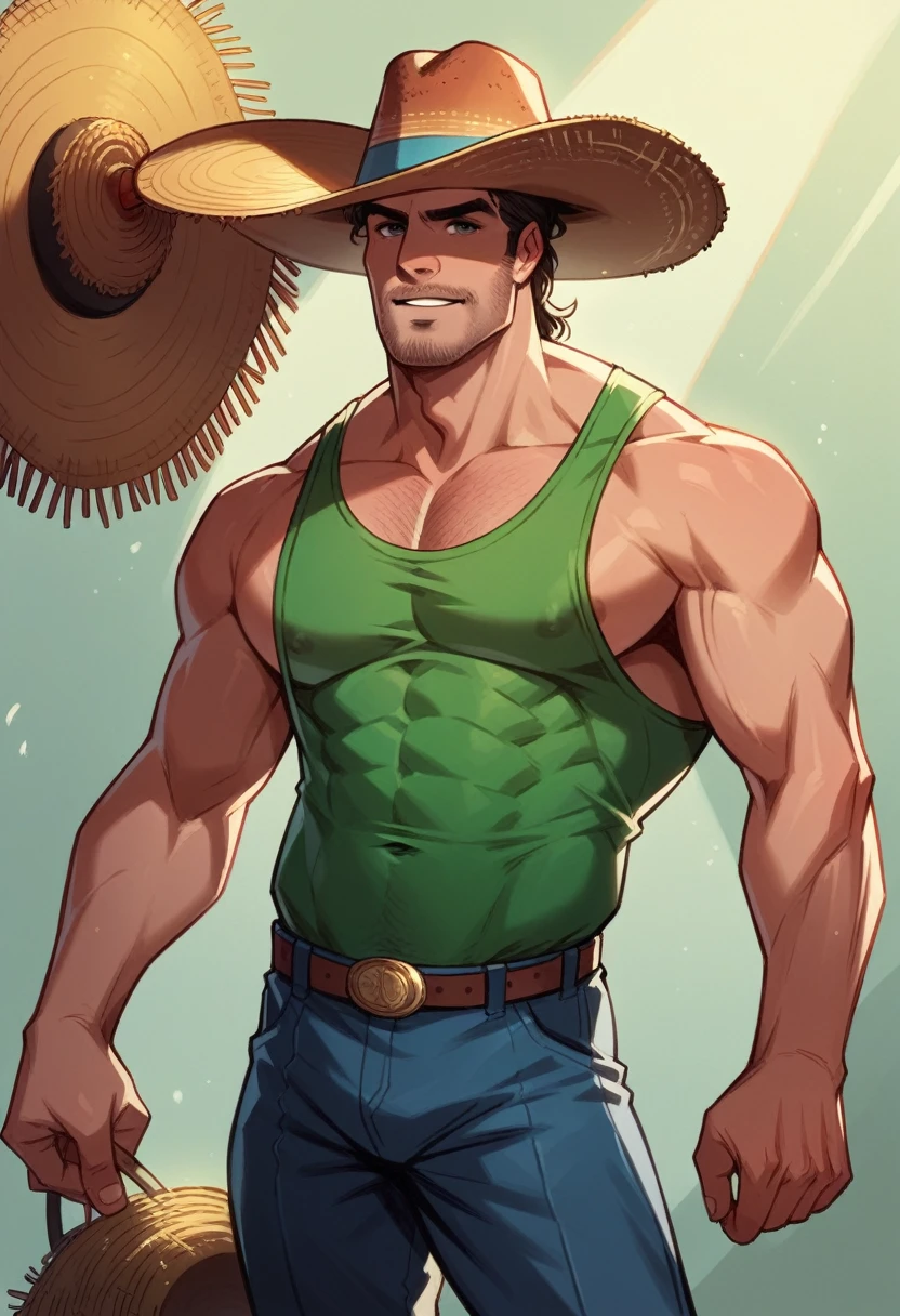 Peruvian superhero, peruvian hat, sombrero Andean, reed horse, Andean, mechanic, Tank, strong, robust male