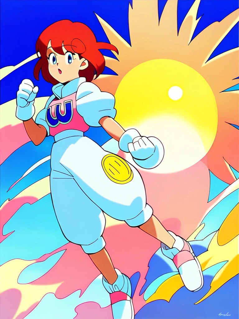 pastel,score_9,score_8_superior,score_7_superior,sauce_anime,One girl,alone,View your viewers,shirt,White puff sleeves,Short sleeve,White gloves,White pants,shoes,White footwear,Laughter,arm superior,Clenched hands,blue sky,nature,In the meadow,sun,lens_Flare