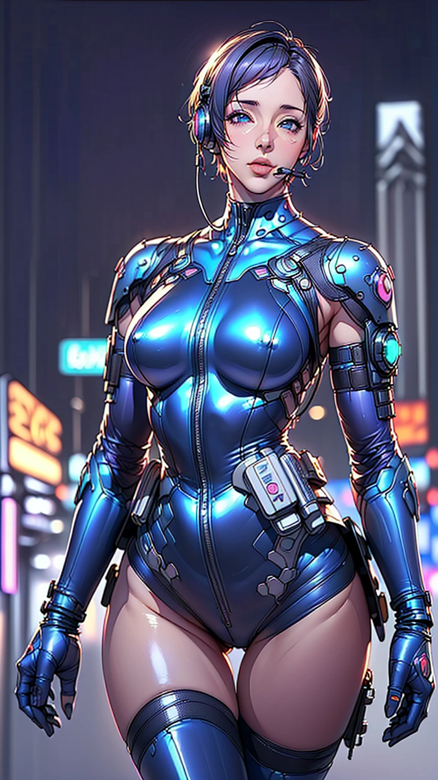 (One Woman),(((Future female police officer standing))),((Shiny dark blue tactical bodysuit:1.5)),((headset:1.5)),((Tactical Holster:1.5)),(gloves:1.5),(Severe:1.5),(Super Short Hair:1.5),(Beautiful Eyes:1.3),(Very detailedな顔:1.5),((Very detailedな女性の手の描画:1.5)),(((Muscular:1.5))),((Sexy Looks:1.5)),((Thick thighs:1.5)),(Beautiful body:1.5),((Very sensual:1.5)),(The background is a futuristic city:1.5),(Cyberpunk atmosphere:1.5),(((Blur the background:1.5))),(Written boundary depth:1.5),break(((masterpiece:1.5),(Highest quality:1.5),(Very detailed:1.5),(High resolution:1.5),(Realistic:1.5),(Realistic:1.5),(Delicate depiction),(Careful depiction))),8k,wallpaper