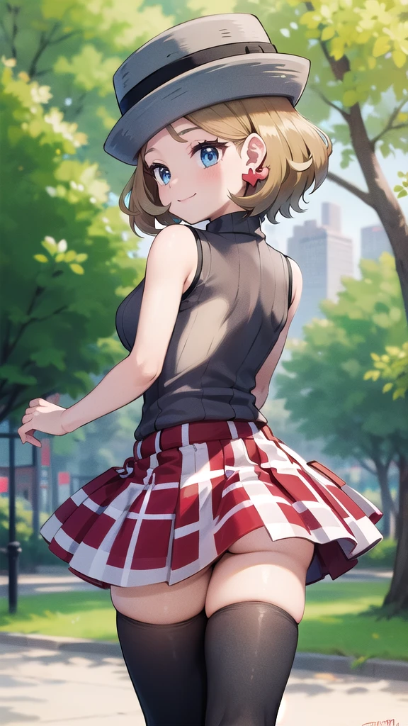 Masterpiece, perfect lighting, (beautiful, Best quality: 1.3), Perfect eyes, perfect anatomy, absurd, 8k, ccserena, solo, short hair, smile, in loved, (gray hats: 1.2), earrings, eyelashes, blue eyes, gray sweater, vest , sleeveless turtleneck, bare arms, plaid skirt, red skirt, thigh highs, black stockings, from behind, in the park at day