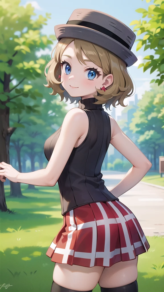 Masterpiece, perfect lighting, (beautiful, Best quality: 1.3), Perfect eyes, perfect anatomy, absurd, 8k, ccserena, solo, short hair, smile, in loved, (gray hats: 1.2), earrings, eyelashes, blue eyes, gray sweater, vest , sleeveless turtleneck, bare arms, plaid skirt, red skirt, thigh highs, black stockings, from behind, in the park at day