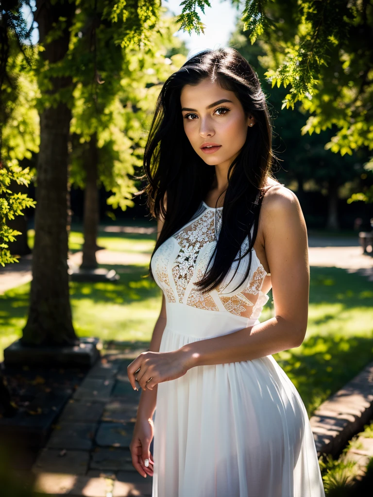 a beautiful detailed portrait of a young woman with long black hair, wearing a white dress, standing in a park, photorealistic, ultra-detailed, hyperrealistic, 8k, highly detailed face, striking eyes, full lips, porcelain skin, cinematic lighting, vivid colors, dramatic shadows, intricate details, delicate features, elegant pose, serene expression, lush greenery in the background, dappled sunlight, atmospheric, moody, captivating
