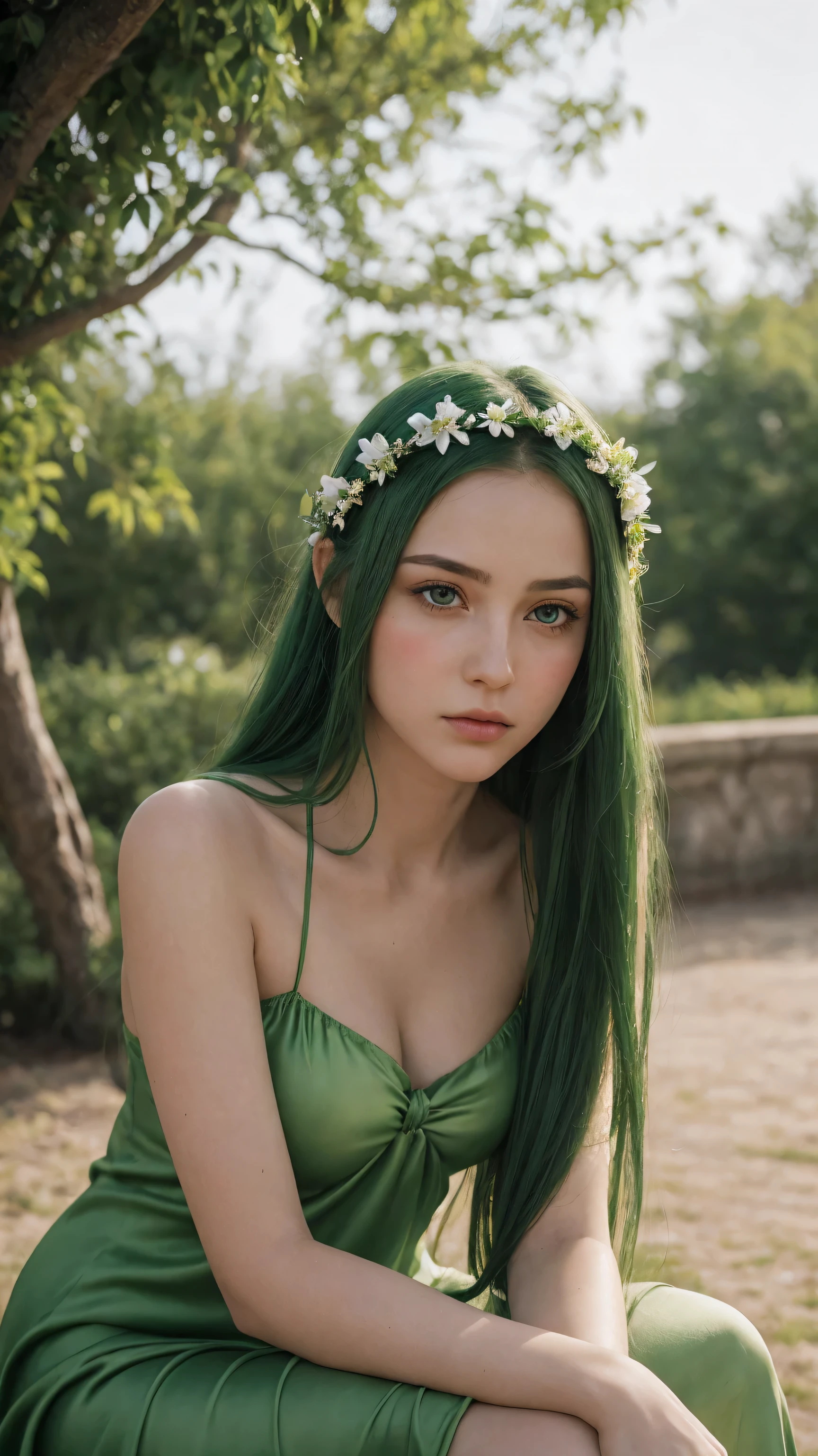 a girl. face sent feeling. Europe. Oval face. long face. delicate facial features. seductively seductive. Beautifully detailed eyes. green eyes. long straight hair. green hair. wreath on head. Sad. shy. green silk nightgown. shy sitting posture. straight face. outdoor