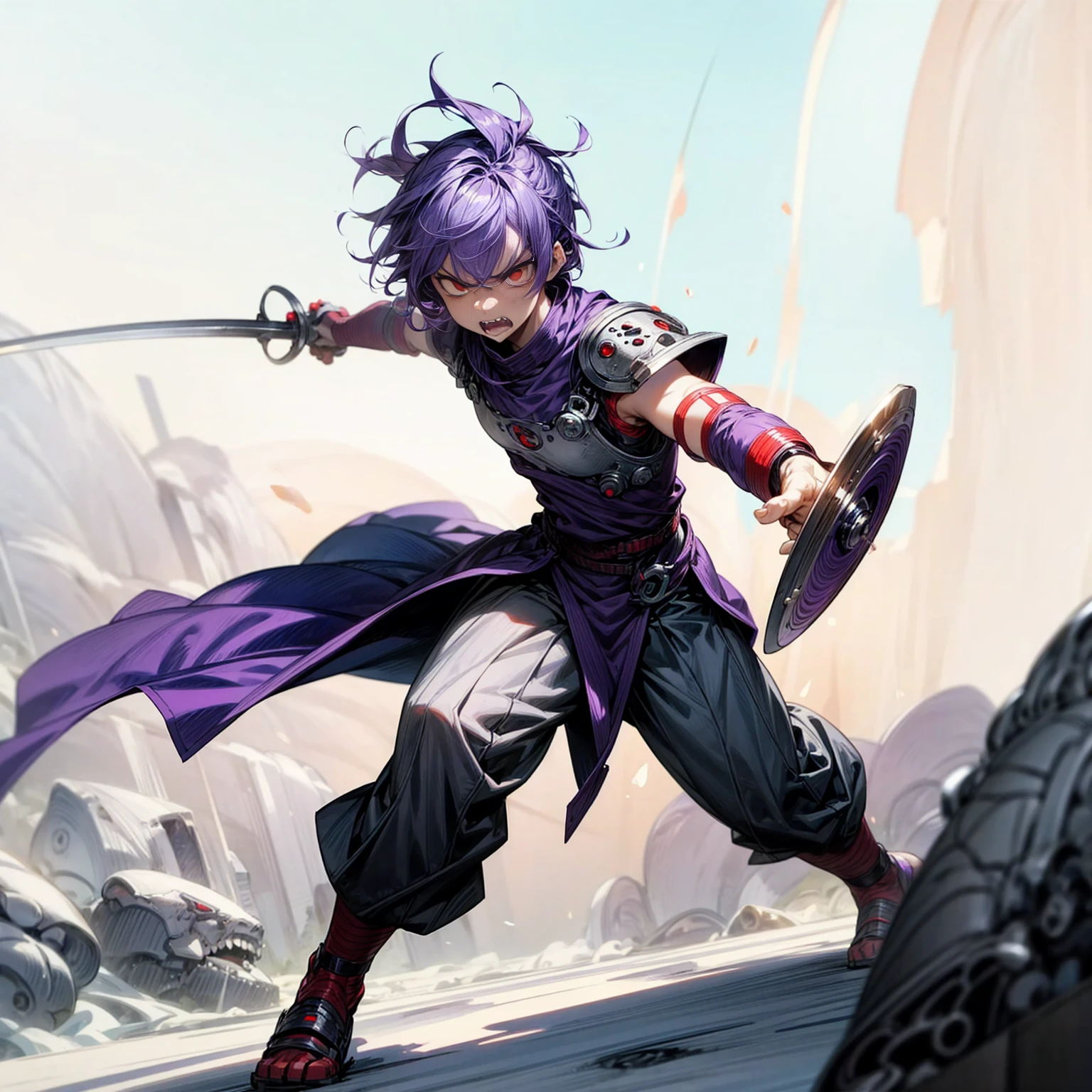 Full background, red eyes, angry, angry eyes, angry mouth, Curly hairstyle, purple colour hair, motion blur, lighting,