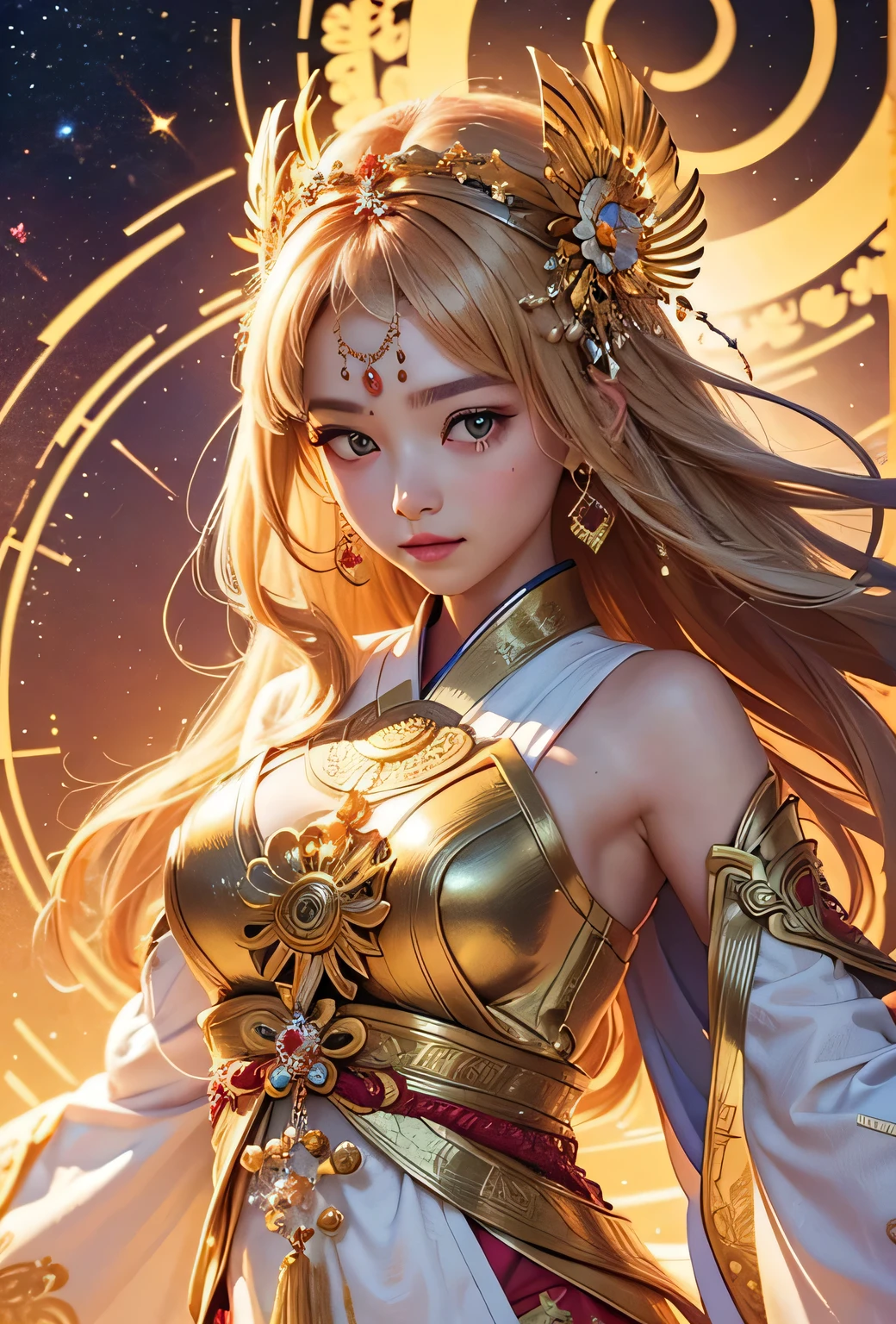 "Child of the Sun, Goddess of Love": Within a sacred sanctuary bathed in sunlight, depict the figure of a sun goddess who governs love, facing forward and emanating divine radiance. She is a , around 3 years old. Zoom in to focus on her face, with a gleaming orb of light in her hands, representing the life-giving power of the sun. Her hair is shimmering gold, and she is wearing a traditional miko outfit as seen in Japanese shrines. The background should be predominantly gold, evoking a sense of divine splendor, with numerous heart-themed objects expressing the beauty of love. The setting is in heaven, enveloped in soft, bright light, where one can find tranquility and peace of mind, free from any trace of anxiety.Straight-on.