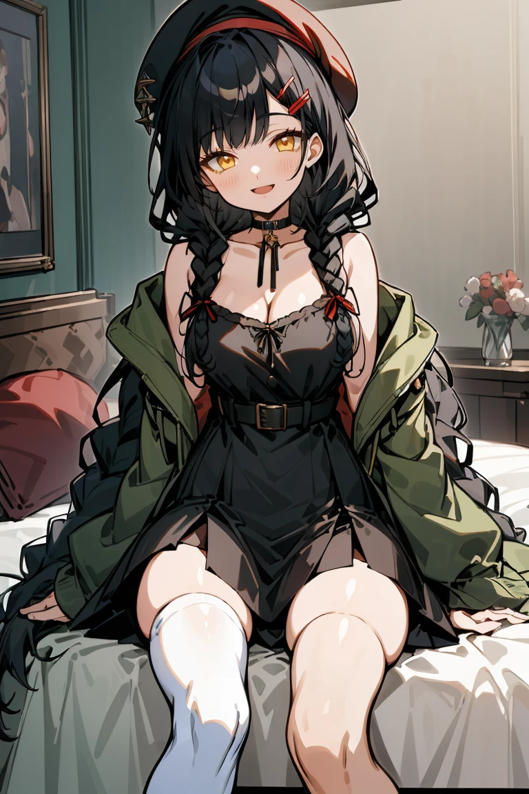 (masterpiece:1.2), (high quality:1.2), girls with((1girl, solo, black hair, yellow eyes, smiling, (wavy long hair, wearing a red beret, hairclips, braids:1.45), bare shoulder, blush, breasts, choker, cleavage, coat, cowboy shot, long dress, blue lace dress, camisole, ribbon waist belt, black ribbon belt, red bow, red ribbon, neck ribbon, collar, collarbone, rosary, rosary choker, cross, fur, fur trim, parka, khaki hoodie, green hoodie, khaki jacket, hood down, hooded coat, hooded jacket, hoodie, jacket, large breasts, long sleeves, medium breasts, open clothes, open coat,open hoodie, sleeveless, winter clothes, zipper, cleavage, upper body, hand up, waving, palm, white thighhighs, single thighhigh, exposed legs, exposed foots, left thighhigh, solo, legs, high heels, sittings)), background with((bedroom, room:2.0))
