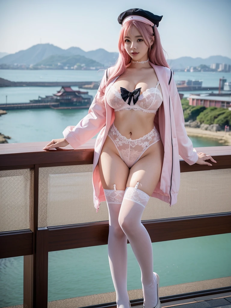 Sexy and voluptuous cat girl with pink hair, long legs, sailor suit, leaking lace underwear, black stockings(Japanese seaside scenery)